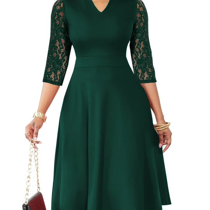 Elegant Lace Midi Dress for Women with Notch Neck Three Quarter Sleeve Fit and Flare Cocktail Style