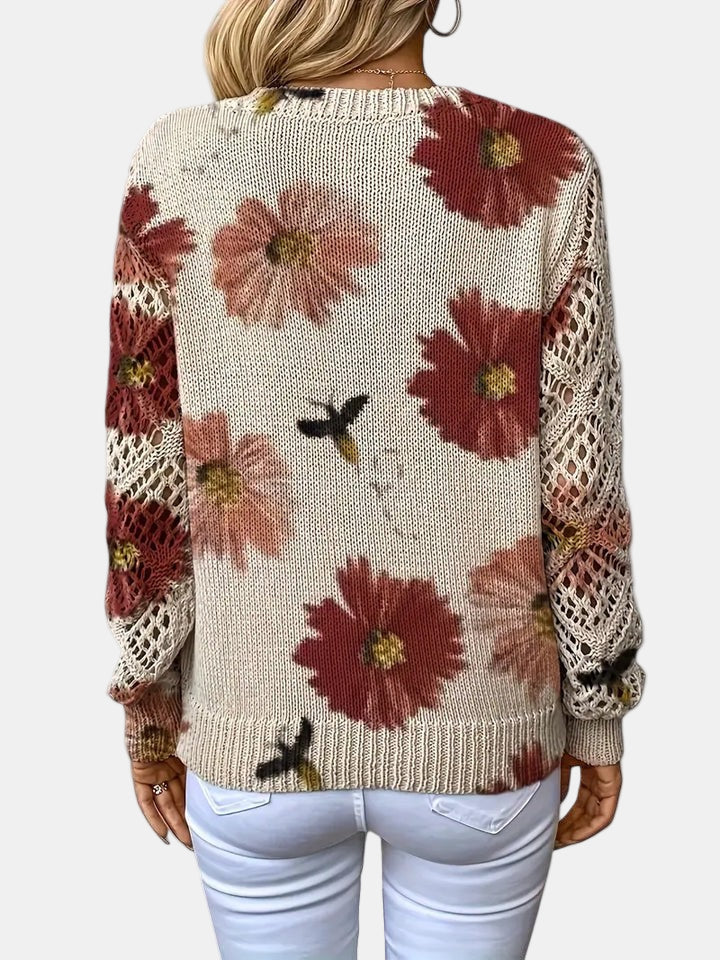 Comfortable Floral Crochet Sweater for Women with V Neck Long Sleeve Oversized Knit Style