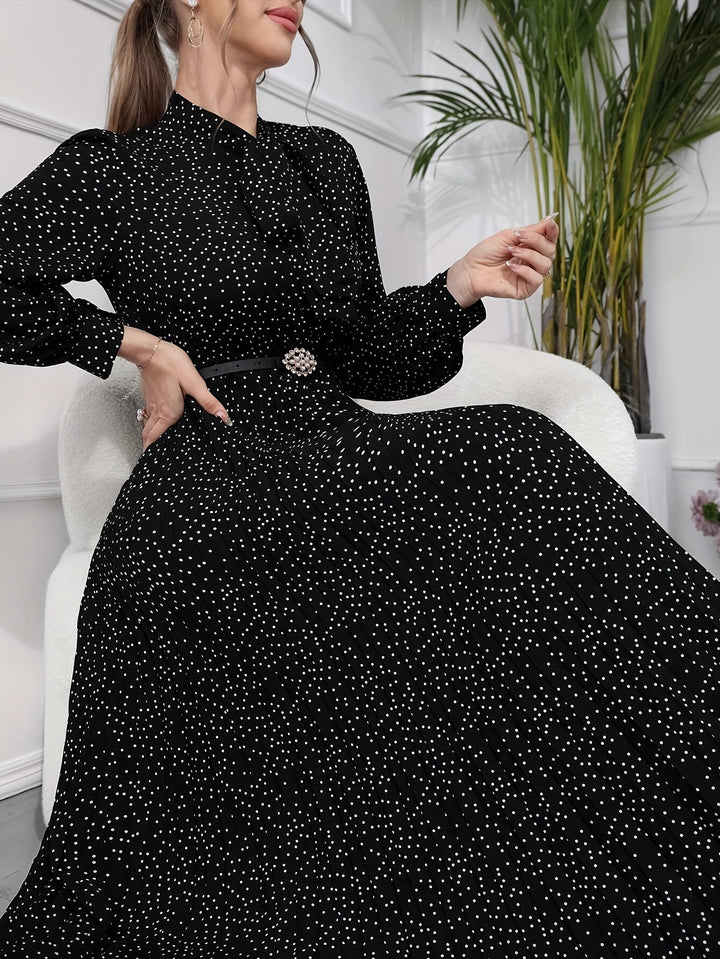 Elegant Polka Dot Maxi Dress for Women with Tie Neck Long Sleeve Pleated Belted Flowing Style