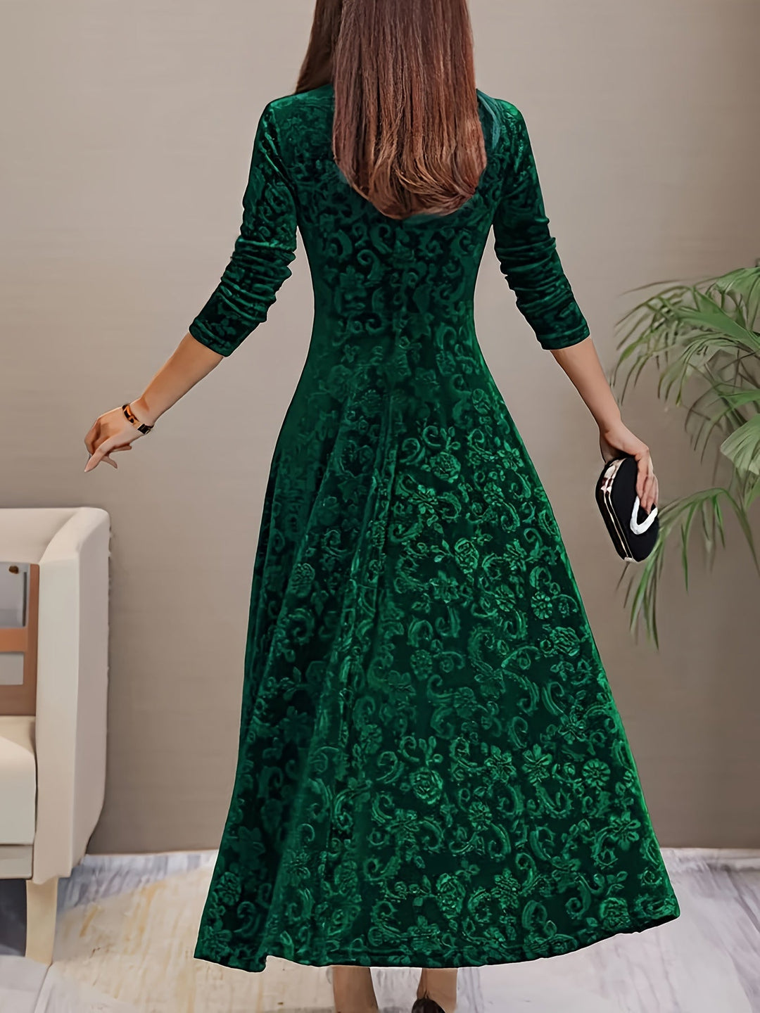 Elegant Velvet Floral Maxi Dress for Women with V Neck Long Sleeve A Line Flowing Formal Style