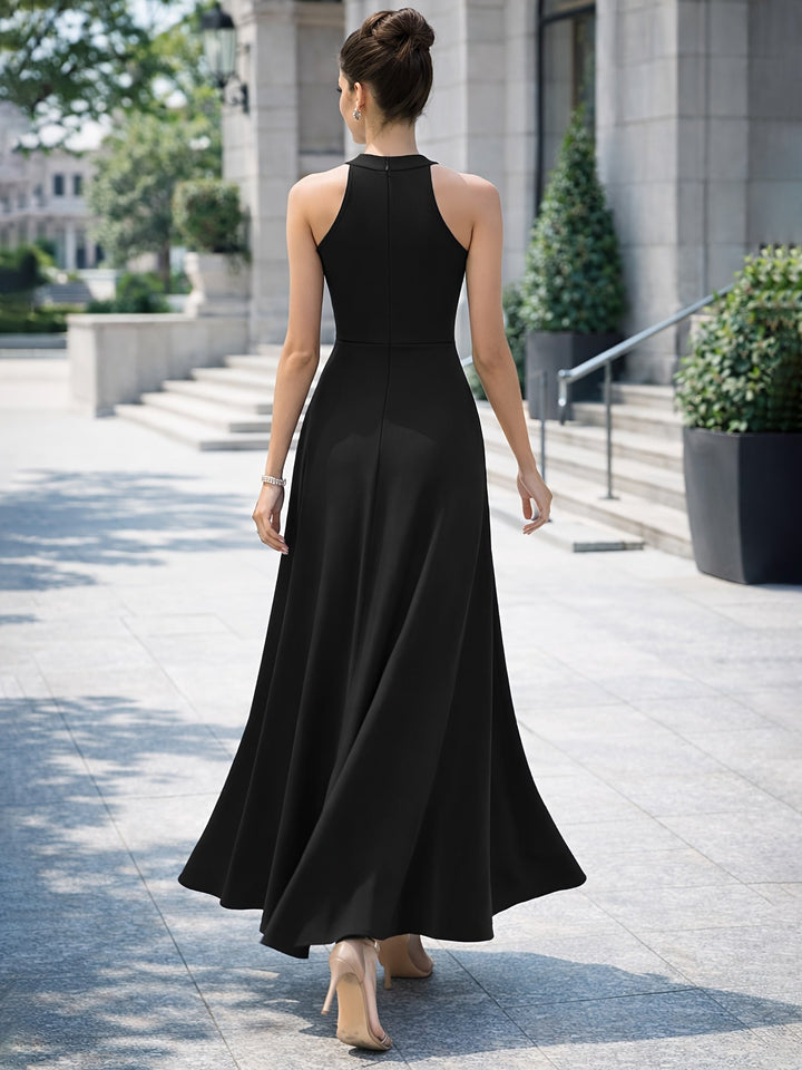 Elegant Satin Maxi Dress for Women with Halter Neck High Slit A Line Formal Wedding Guest Style