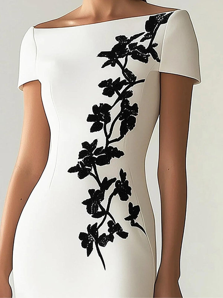 Elegant White Floral Lace Midi Dress for Women with Boat Neck Short Sleeve Side Slit Sheath Style