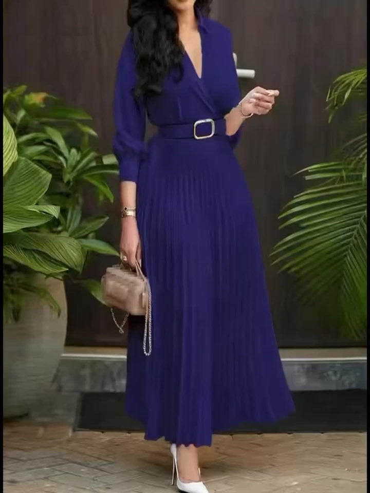 Elegant Pleated Wrap Maxi Dress for Women with Collar V Neck Balloon Sleeve Belted Flowing Style