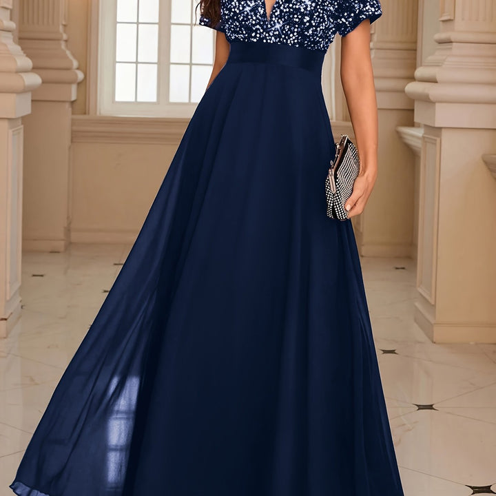 Elegant Sequin Maxi Dress for Women with V Neck Short Sleeve Empire Waist Flowing Formal Wedding Guest Style