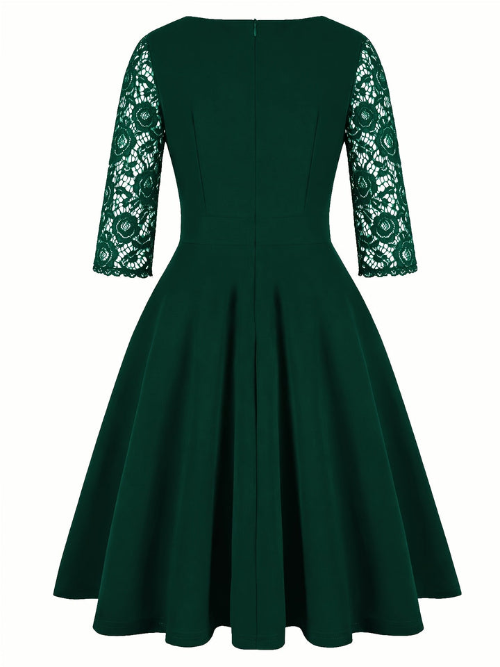 Elegant Lace Midi Dress for Women with Square Neck Three Quarter Sleeve Fit and Flare Cocktail Style