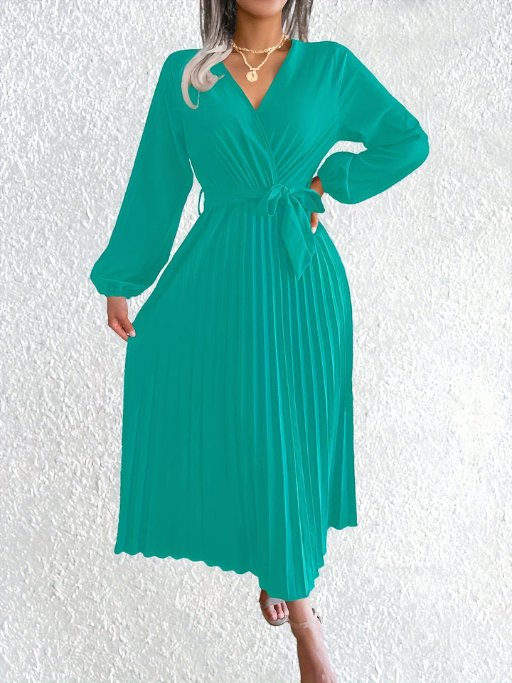 Elegant Pleated Wrap Maxi Dress for Women with V Neck Bishop Sleeve Belted Flowing Style