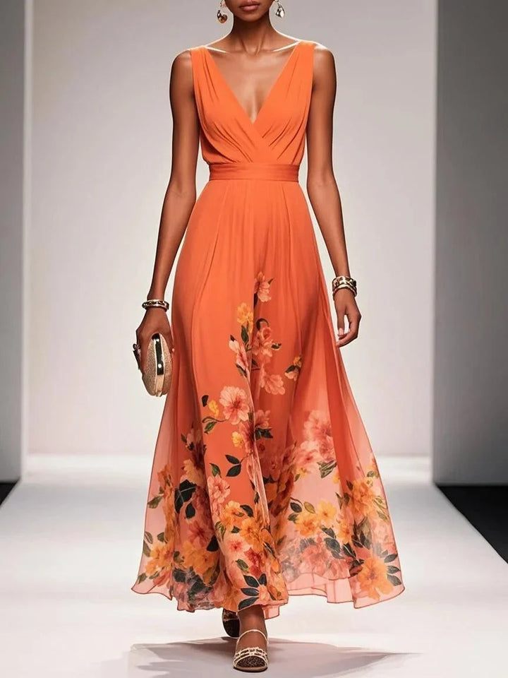 Effortless Floral Maxi Dress for Women with V Neck Sleeveless Flowing Formal Wedding Guest Style
