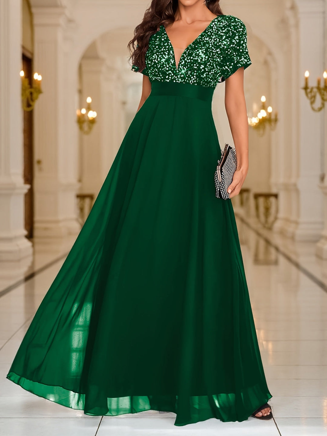 Elegant Sequin Maxi Dress for Women with V Neck Short Sleeve Empire Waist Flowing Formal Wedding Guest Style