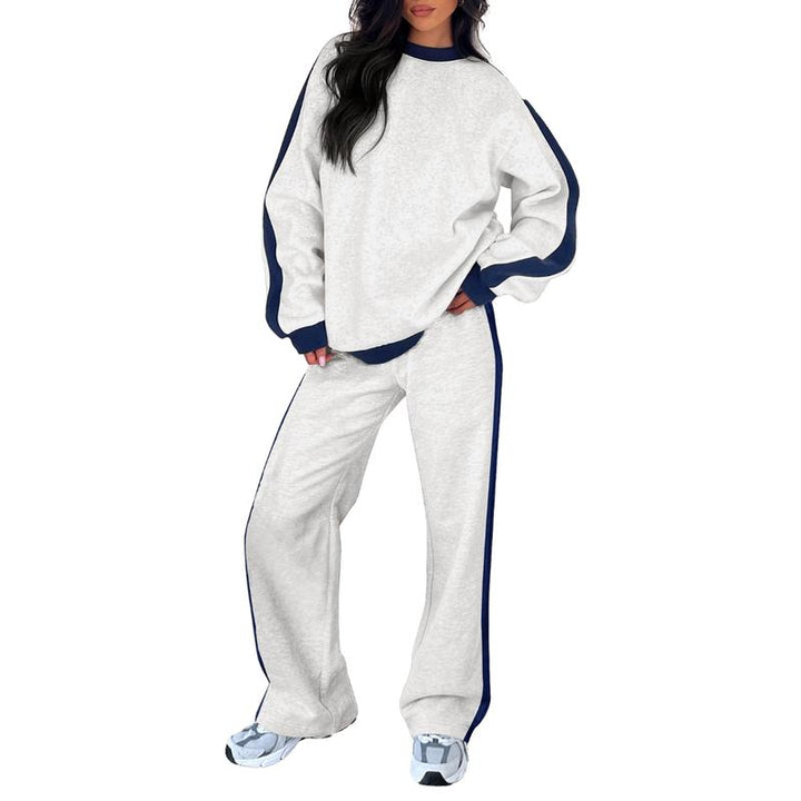Comfortable Colorblock Wide Leg Set for Women with Crewneck Long Sleeve Contrast Stripe Two Piece Style