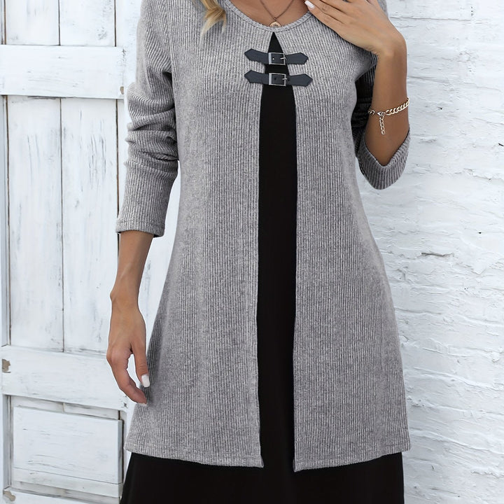 Elegant Ribbed Knit Two Tone Midi Dress for Women with Round Neck Long Sleeve Buckle Detail Layered Style