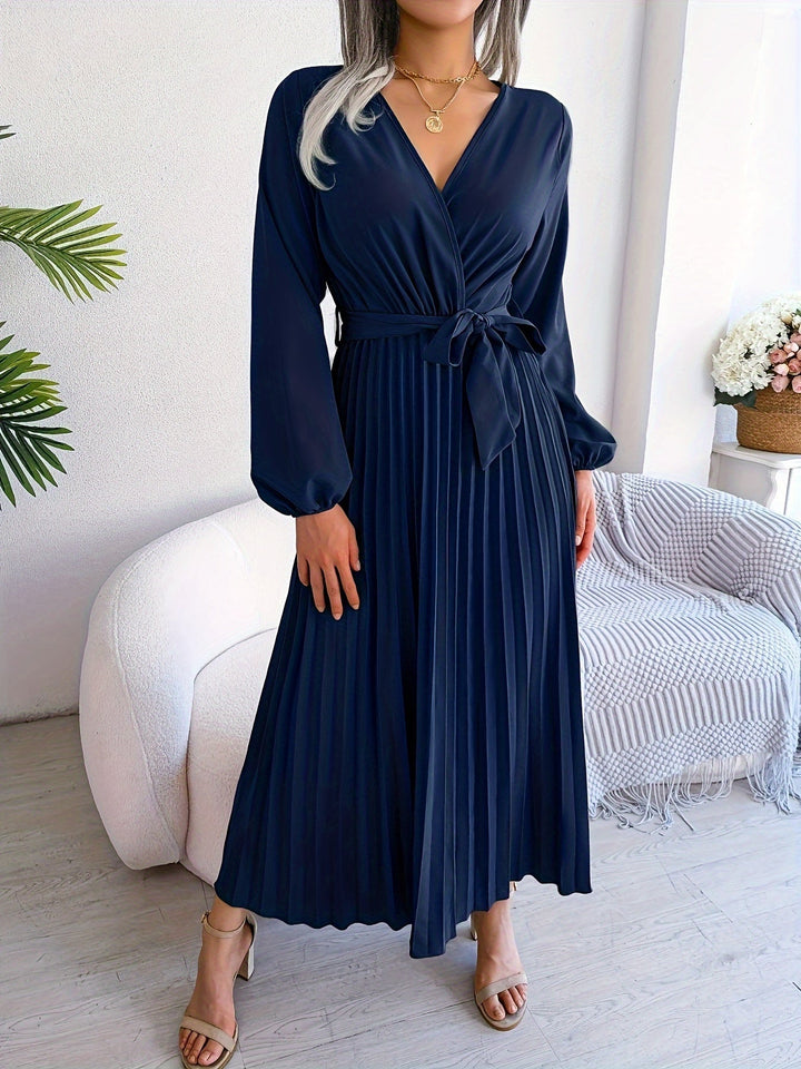 Elegant Pleated Wrap Maxi Dress for Women with V Neck Long Sleeve Belted Flowing Style