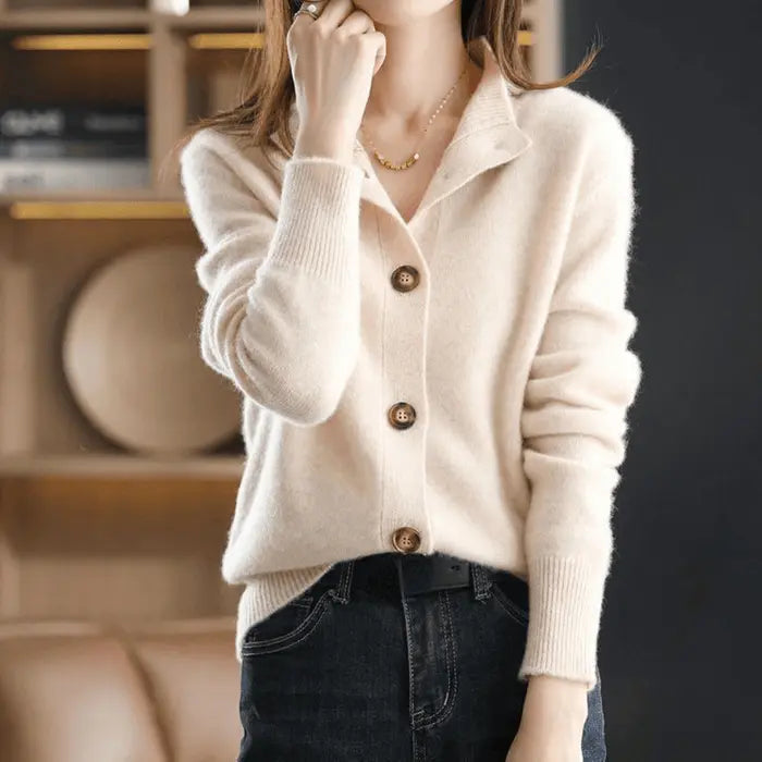 Comfortable Knit Cardigan Sweater for Women with Stand Collar Long Sleeve Button Front Relaxed Style