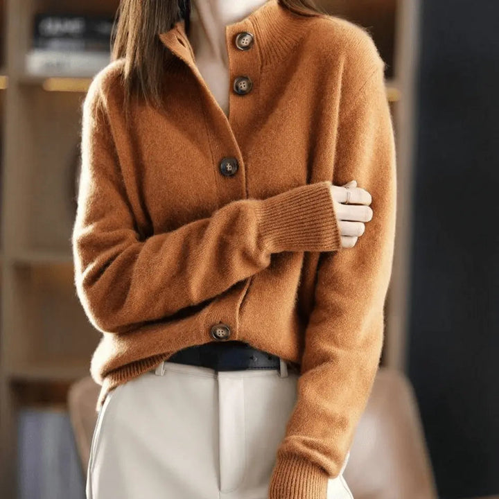 Comfortable Knit Cardigan Sweater for Women with Stand Collar Long Sleeve Button Front Relaxed Style