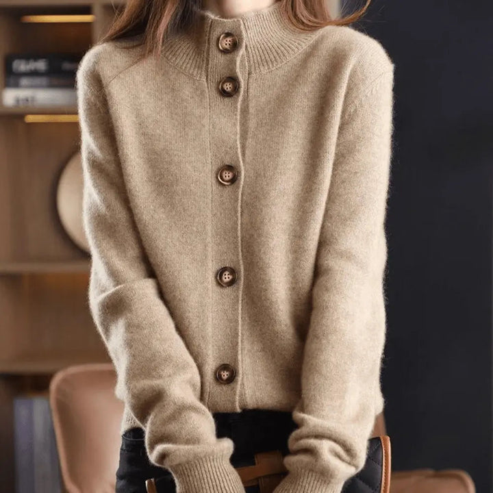 Comfortable Knit Cardigan Sweater for Women with Stand Collar Long Sleeve Button Front Relaxed Style