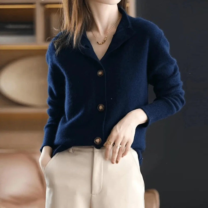 Comfortable Knit Cardigan Sweater for Women with Stand Collar Long Sleeve Button Front Relaxed Style
