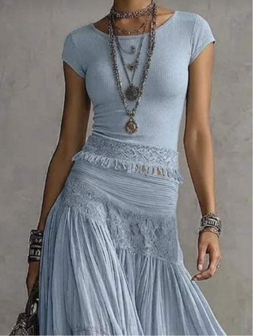 Effortless Blue Lace Two Piece Set for Women with Round Neck Cap Sleeve Tiered Maxi Skirt Bohemian Style