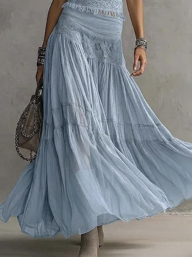 Effortless Blue Lace Two Piece Set for Women with Round Neck Cap Sleeve Tiered Maxi Skirt Bohemian Style