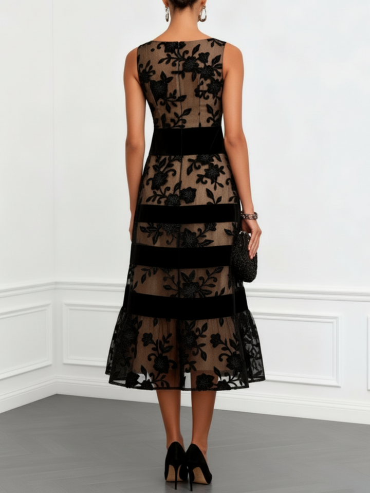 Elegant Black Floral Lace Midi Dress for Women with Boat Neck Sleeveless Velvet Stripe Flowing Style