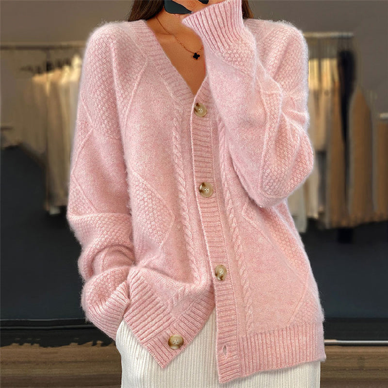 Comfortable Cable Knit Cardigan Sweater for Women with V Neck Long Sleeve Button Front Relaxed Oversized Style