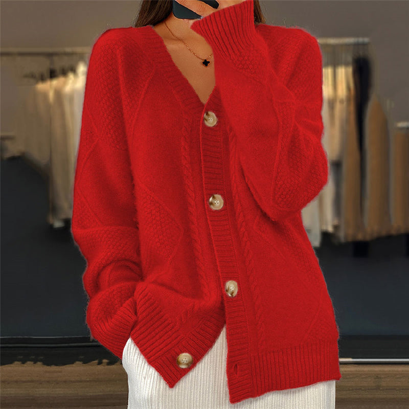 Comfortable Cable Knit Cardigan Sweater for Women with V Neck Long Sleeve Button Front Relaxed Oversized Style