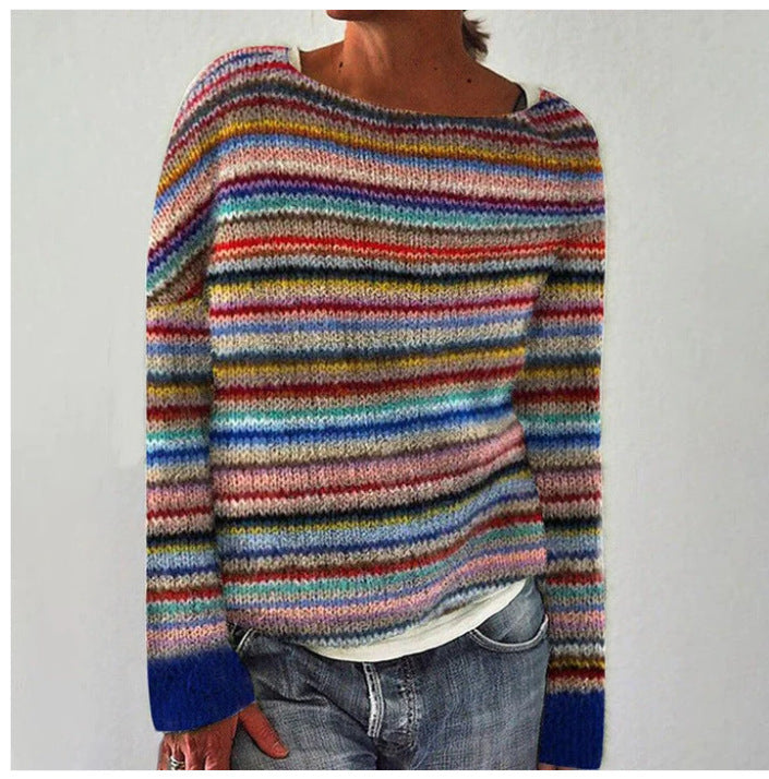 Comfortable Fair Isle Knit Sweater for Women with Boat Neck Long Sleeve Relaxed Oversized Style