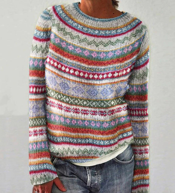 Comfortable Fair Isle Knit Sweater for Women with Boat Neck Long Sleeve Relaxed Oversized Style