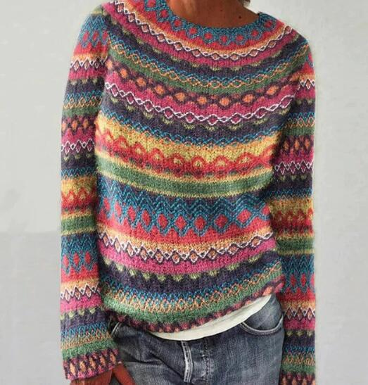 Comfortable Fair Isle Knit Sweater for Women with Boat Neck Long Sleeve Relaxed Oversized Style