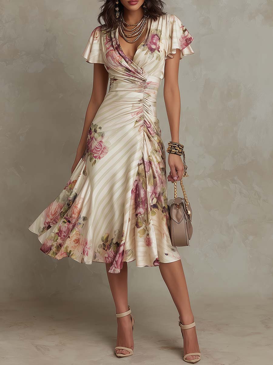 Elegant Ivory Floral Midi Dress for Women with V Neck Flutter Sleeve Ruched Wrap Flowing Wedding Guest Style