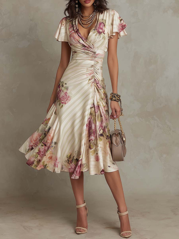 Elegant Ivory Floral Midi Dress for Women with V Neck Flutter Sleeve Ruched Wrap Flowing Wedding Guest Style