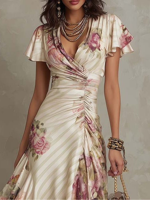 Elegant Ivory Floral Midi Dress for Women with V Neck Flutter Sleeve Ruched Wrap Flowing Wedding Guest Style