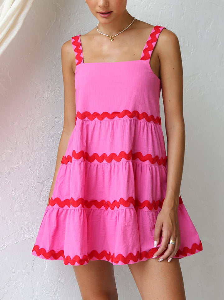 Effortless Ric Rac Trim Tiered Mini Dress for Women with Square Neck Sleeveless Ruffle Hem Bohemian Style
