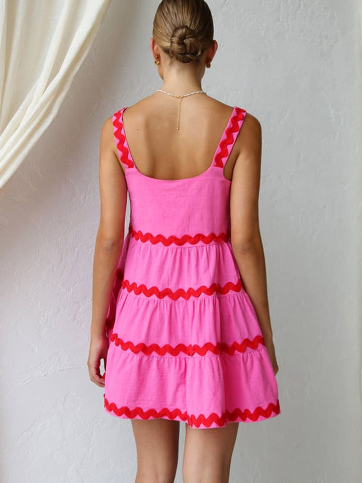 Effortless Ric Rac Trim Tiered Mini Dress for Women with Square Neck Sleeveless Ruffle Hem Bohemian Style