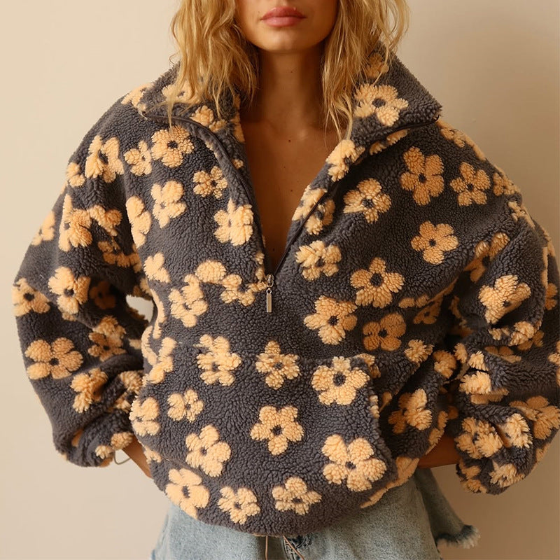 Comfortable Floral Sherpa Pullover for Women with Collar Half Zip Long Sleeve Oversized Knit Style