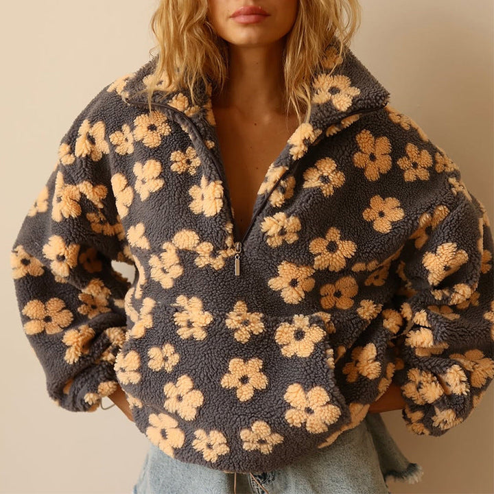 Comfortable Floral Sherpa Pullover for Women with Collar Half Zip Long Sleeve Oversized Knit Style