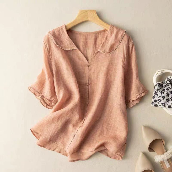 Effortless Linen Blouse for Women with Peter Pan Collar Short Sleeve Button Front Casual Style