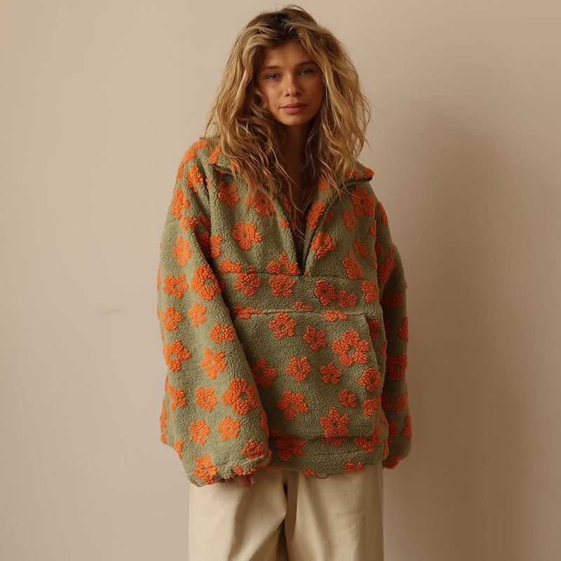 Comfortable Floral Sherpa Pullover for Women with Collar Half Zip Long Sleeve Oversized Knit Style