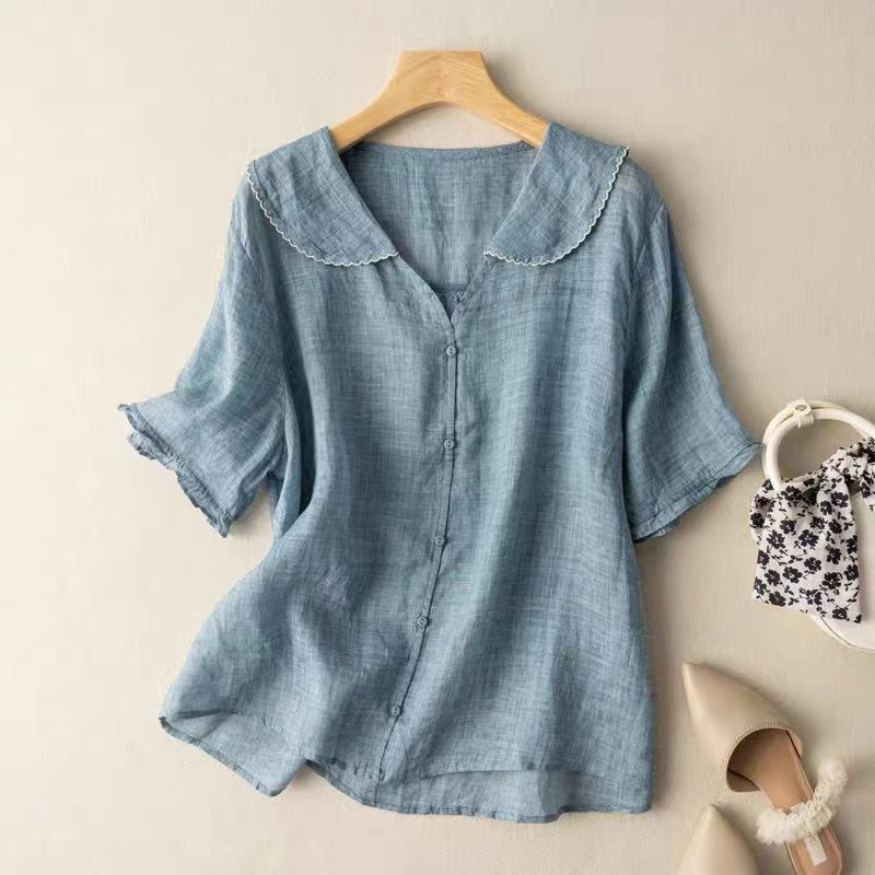 Effortless Linen Blouse for Women with Peter Pan Collar Short Sleeve Button Front Casual Style