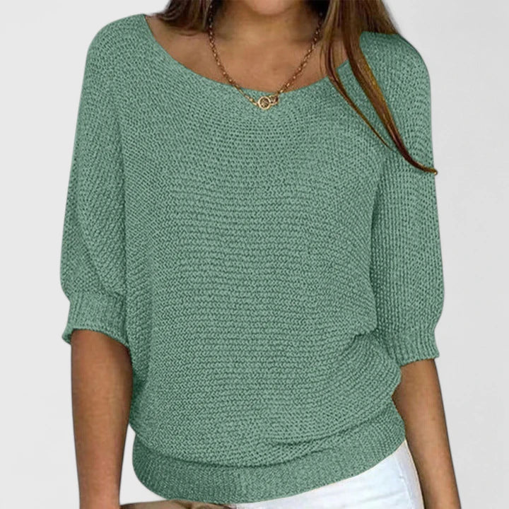 Comfortable Knit Sweater for Women with Scoop Neck Dolman Sleeve Ribbed Hem Relaxed Style