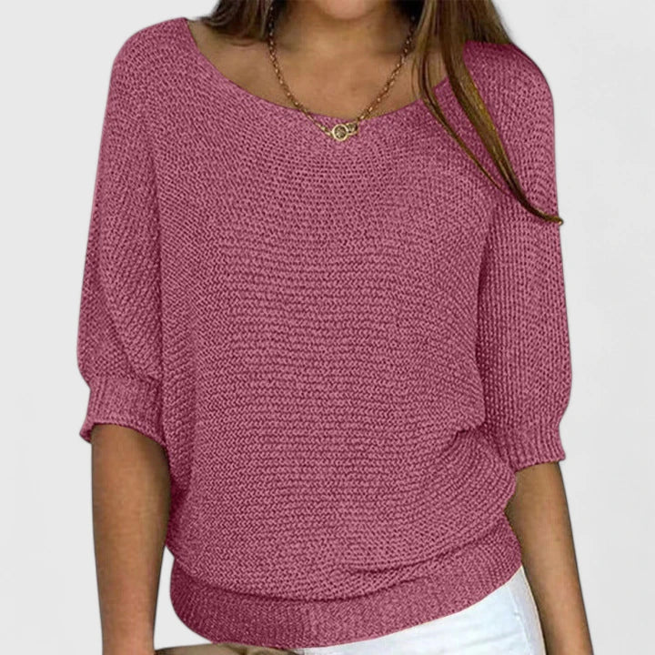 Comfortable Knit Sweater for Women with Scoop Neck Dolman Sleeve Ribbed Hem Relaxed Style