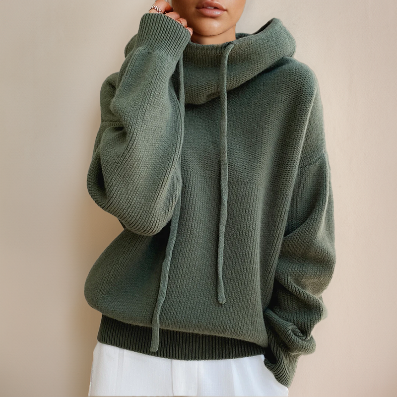 Comfortable Knit Hooded Sweater for Women with Cowl Neck Long Sleeve Oversized Relaxed Style