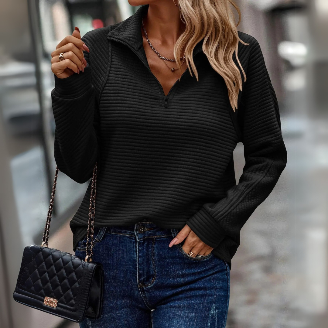 Comfortable Ribbed Pullover for Women with Quarter Zip Collar Long Sleeve Relaxed Oversized Knit Style