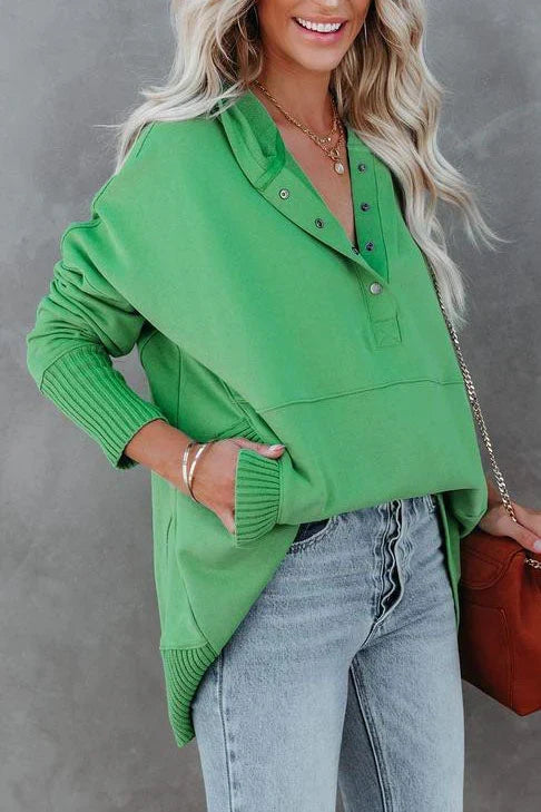 Effortless Oversized Hoodie for Women with Snap Button Placket Long Sleeve Ribbed Cuff Relaxed Knit Style