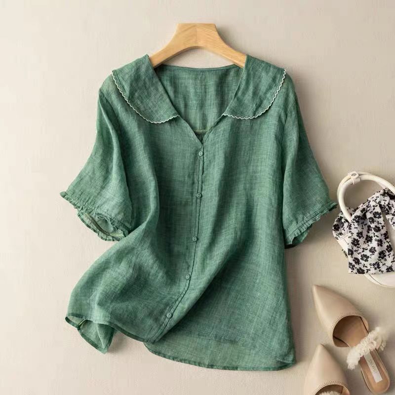 Effortless Linen Blouse for Women with Peter Pan Collar Short Sleeve Button Front Casual Style