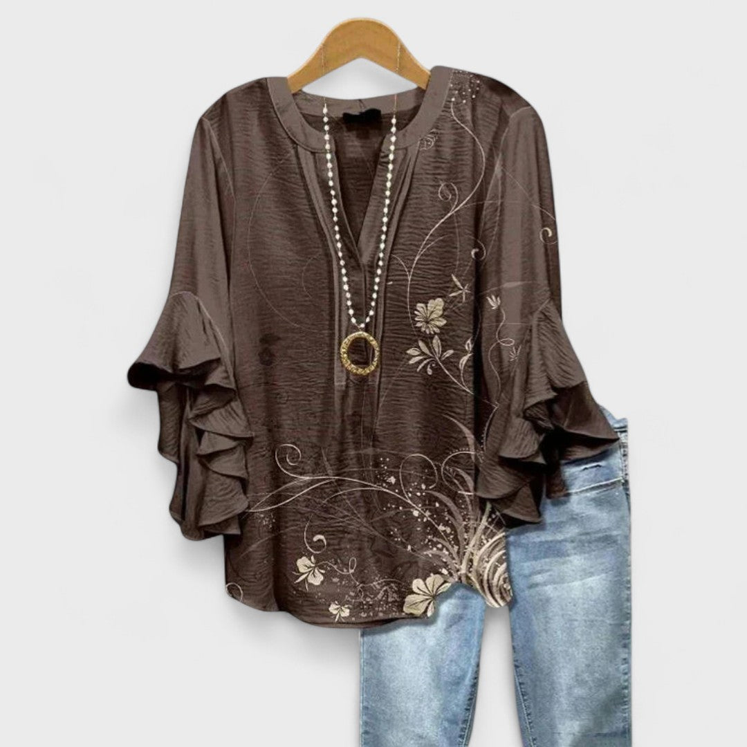 Effortless Floral Print Blouse for Women with V Neck Bell Sleeve Ruffled Relaxed Tunic Style