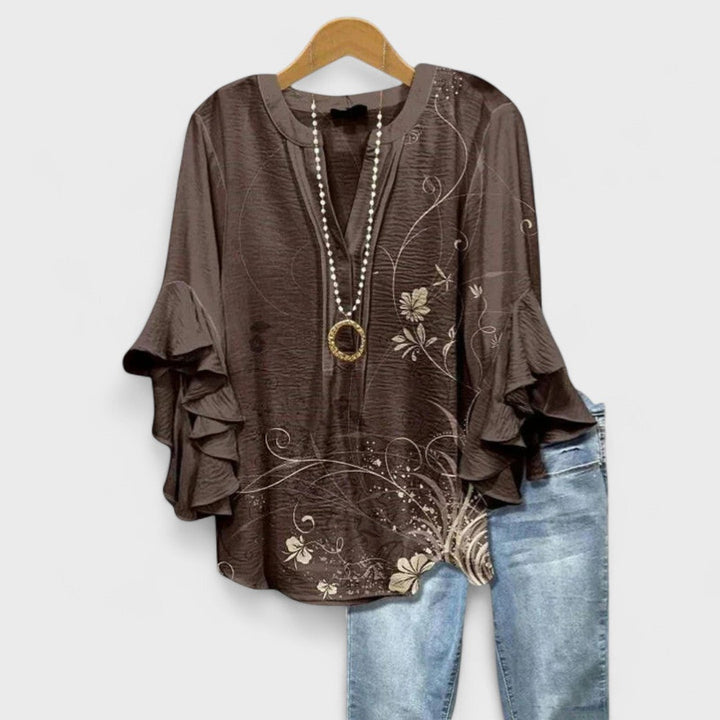 Effortless Floral Print Blouse for Women with V Neck Bell Sleeve Ruffled Relaxed Tunic Style
