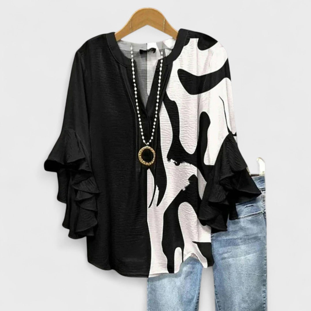 Effortless Floral Print Blouse for Women with V Neck Bell Sleeve Ruffled Relaxed Tunic Style