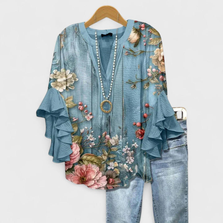 Effortless Floral Print Blouse for Women with V Neck Bell Sleeve Ruffled Relaxed Tunic Style
