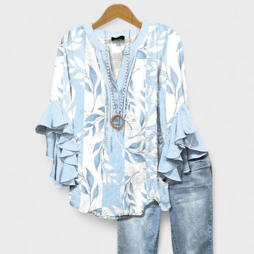 Effortless Floral Print Blouse for Women with V Neck Bell Sleeve Ruffled Relaxed Tunic Style