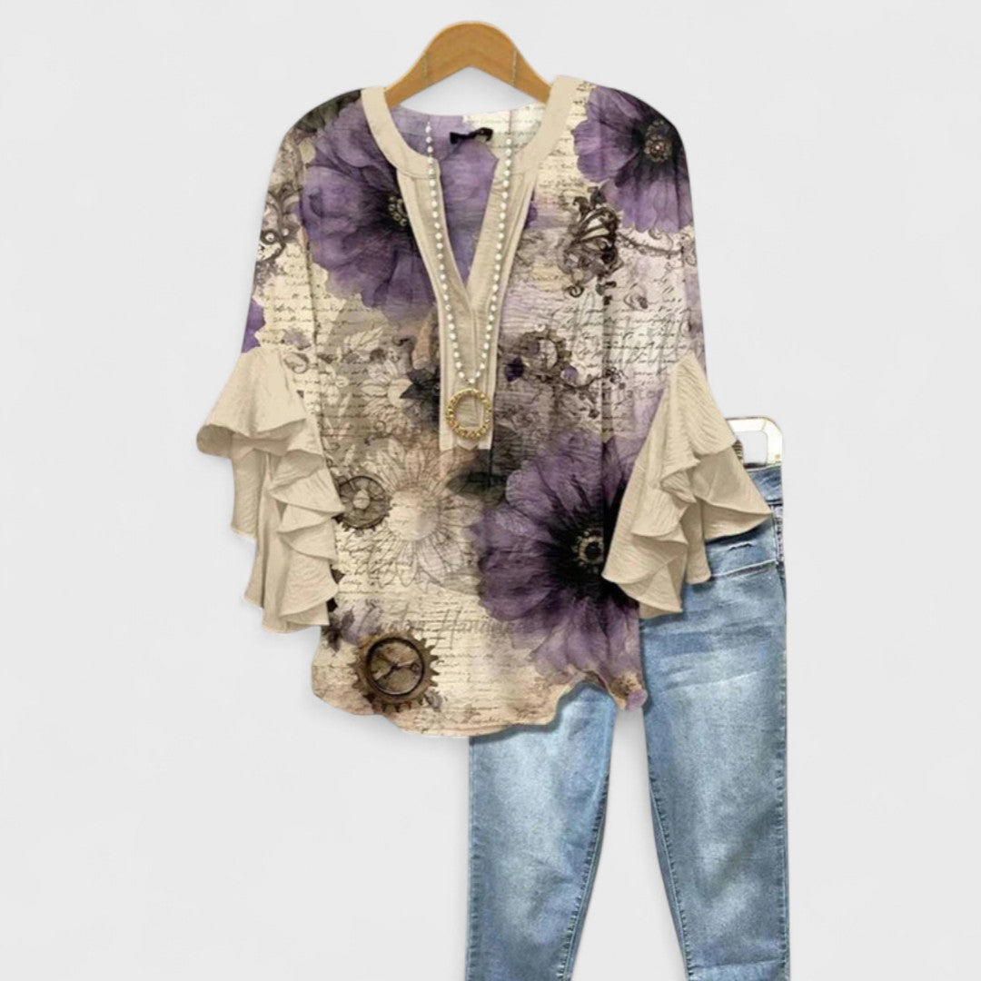 Effortless Floral Print Blouse for Women with V Neck Bell Sleeve Ruffled Relaxed Tunic Style