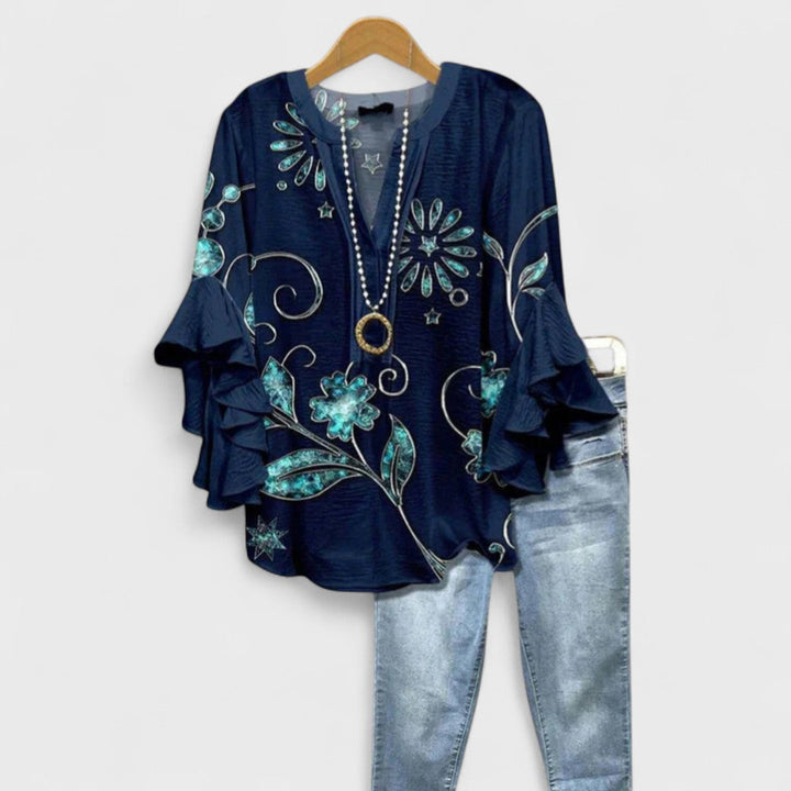Effortless Floral Print Blouse for Women with V Neck Bell Sleeve Ruffled Relaxed Tunic Style